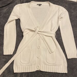 Vince white long belted button up sweater, will fit M or smaller large